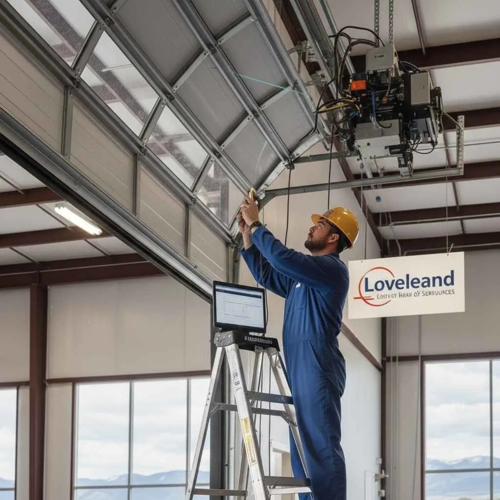 Commercial installer aligning a garage door opener