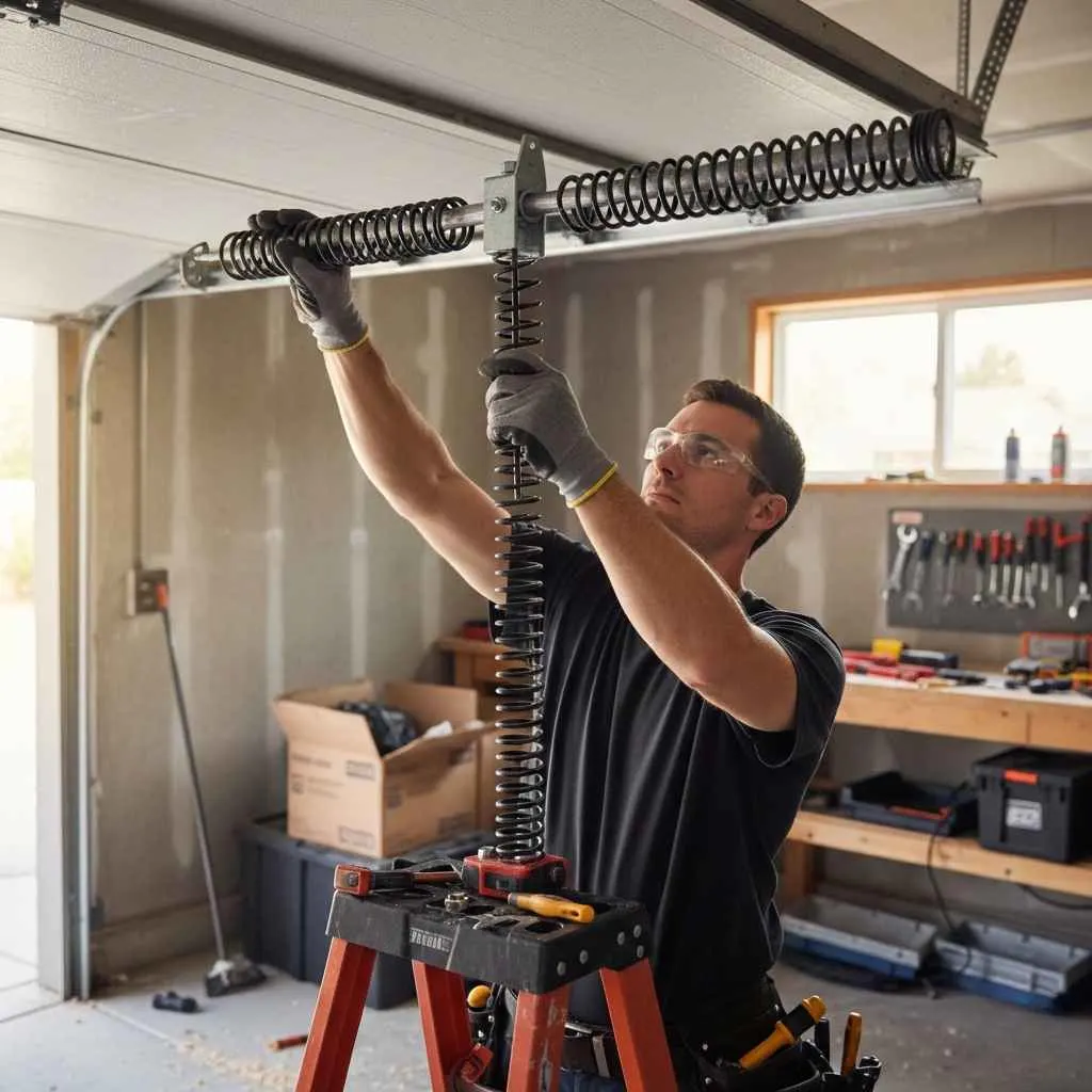 Technician replacing a torsion spring