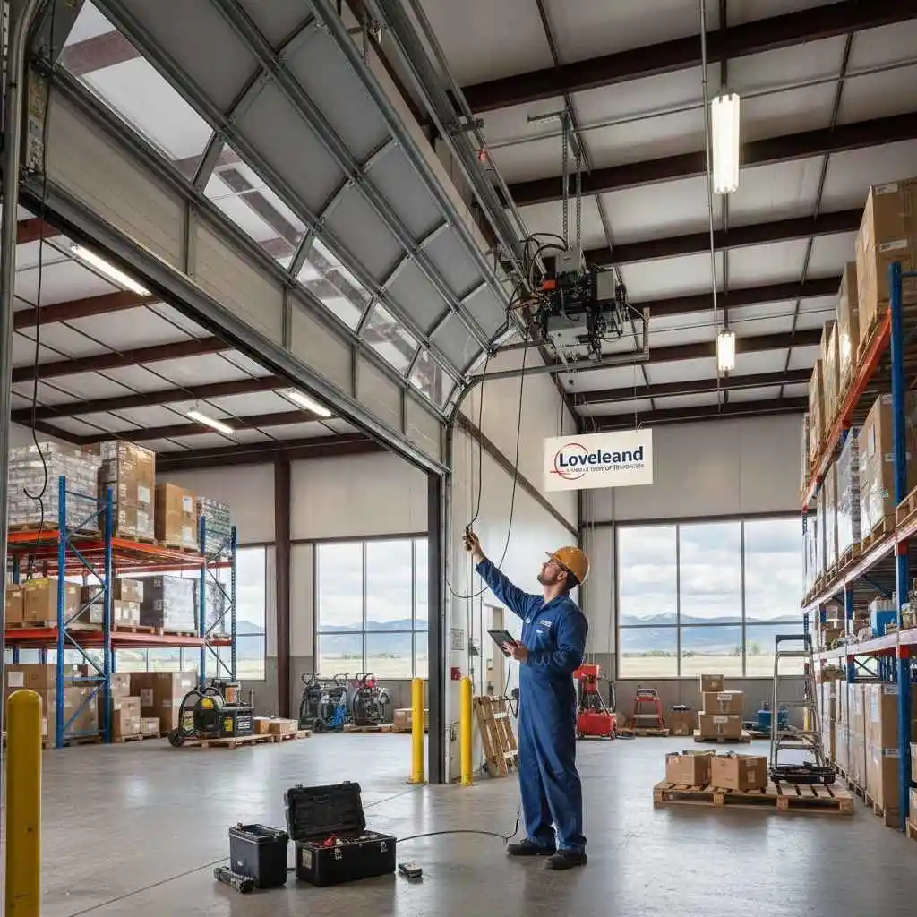 Technician testing a commercial garage opener in a Loveland warehouse