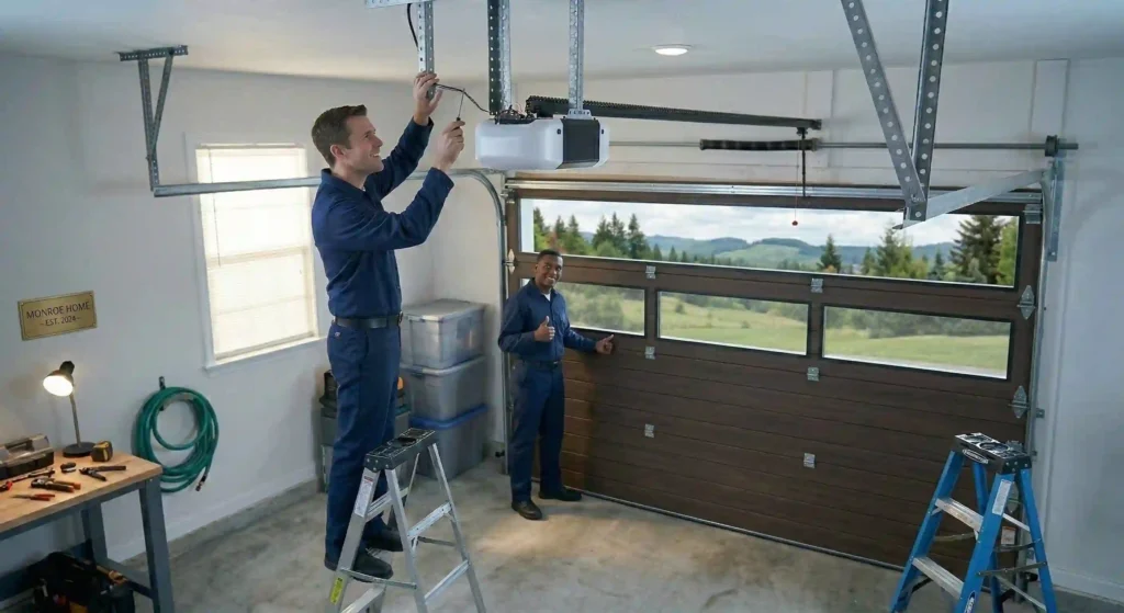 technician installing garage door tracks and springs