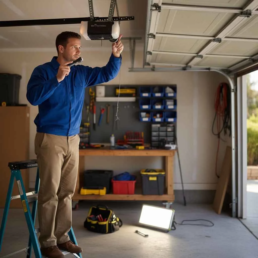 technician inspecting garage door components