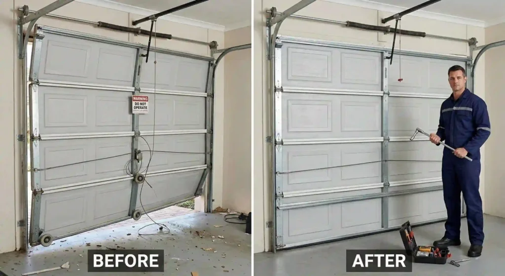 before-and-after image of an off-track garage door being professionally realigned.