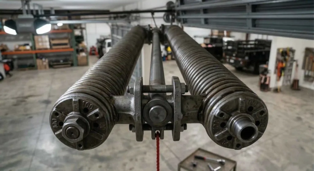 close-up of heavy-duty torsion springs on a commercial garage door.