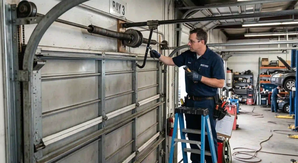 technician performing a commercial garage door inspection.