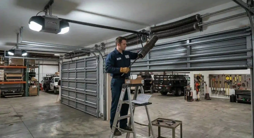 technician replacing a commercial garage door spring.