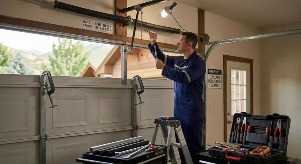 technician replacing a torsion spring on a Loveland residential garage door.