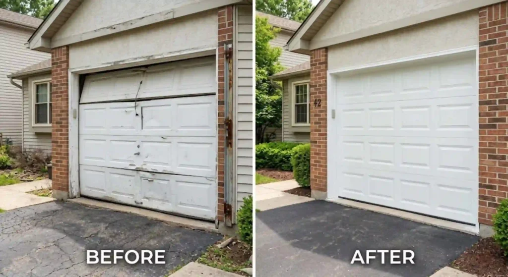 before-and-after image of repaired garage door