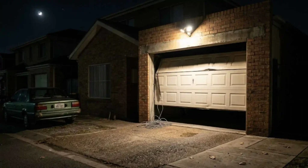 garage door stuck halfway open at night