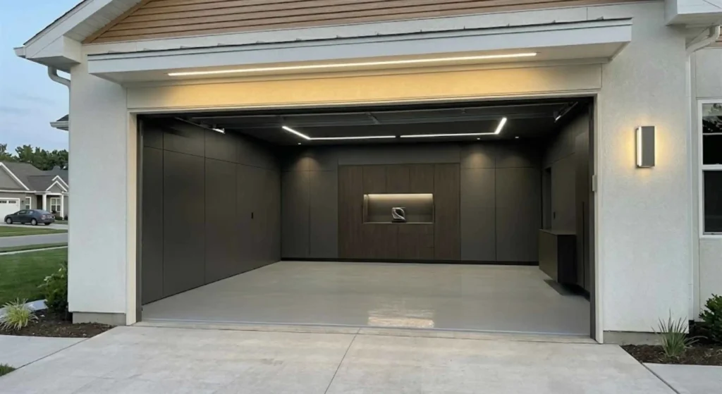 modern garage with lighting and clean finish
