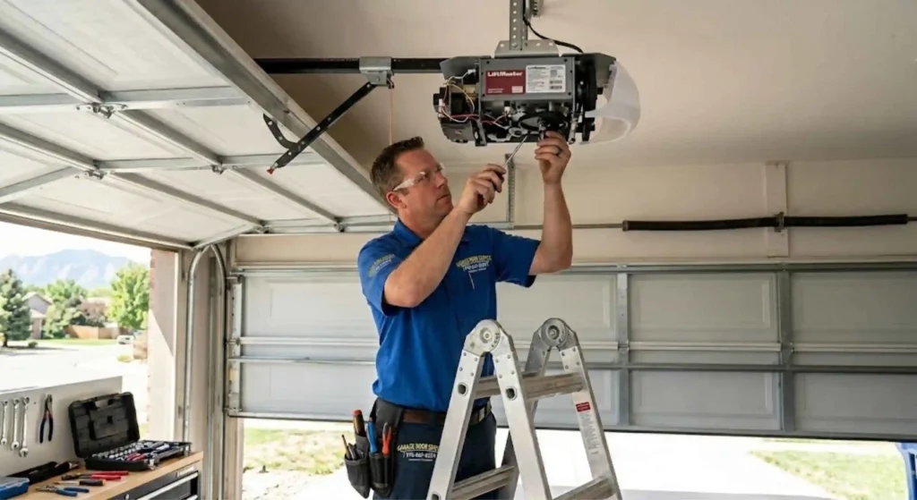 technician inspecting opener motor system